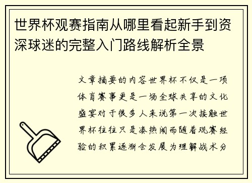 世界杯观赛指南从哪里看起新手到资深球迷的完整入门路线解析全景 世界杯观赛指南从哪里看起新手到资深球迷的完整入门路线解析全景